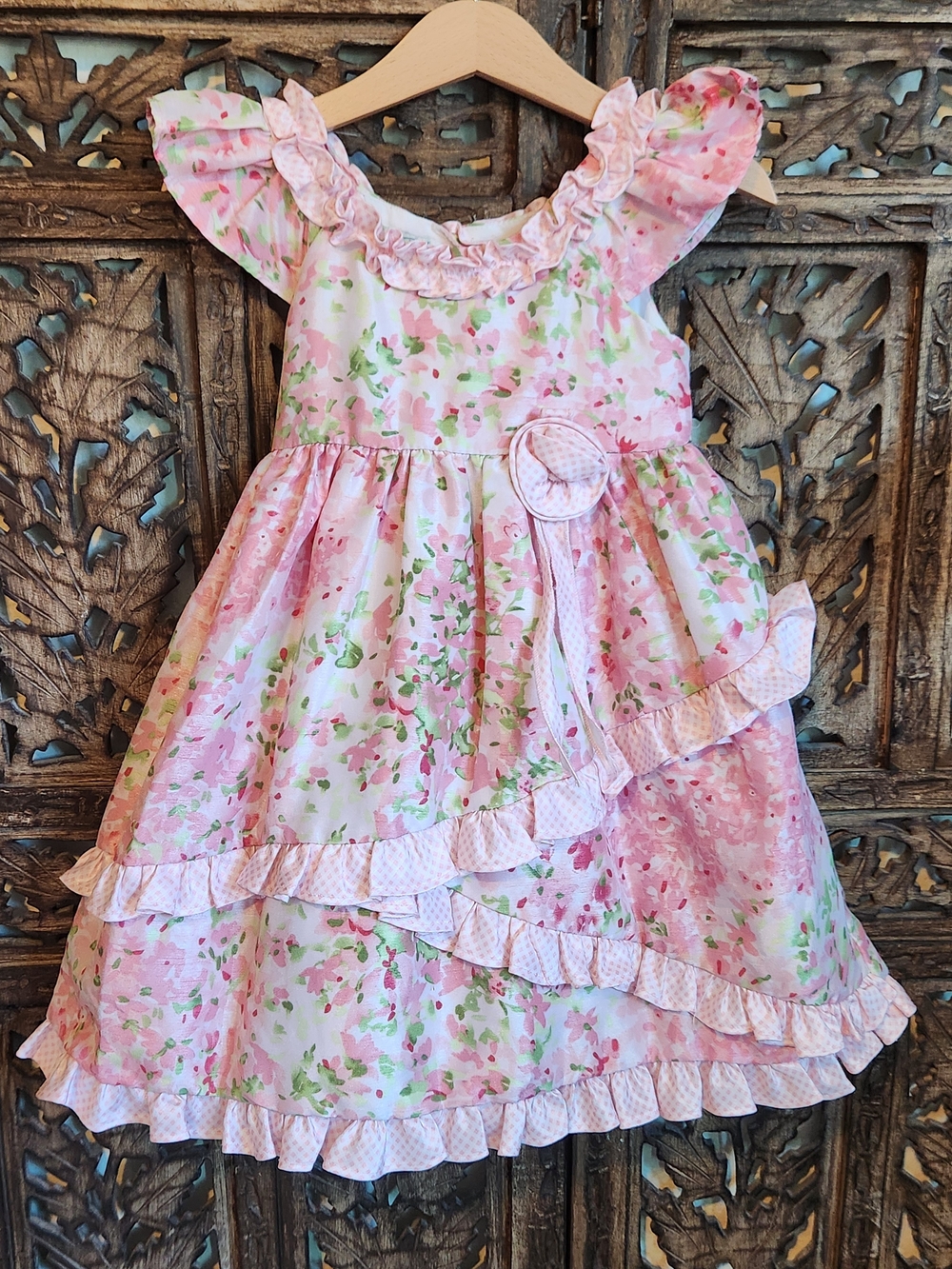 NWOT Marmellata Pink Floral Ruffle Dress with Rosette & Ruffles 24M